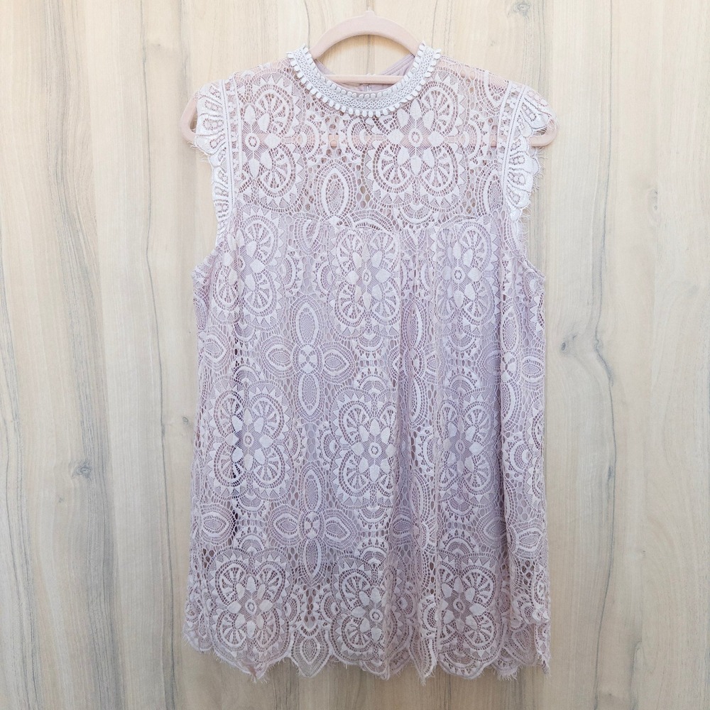 Womens Lace Mock Neck‎ Sleeveless Tunic Top Size S Pink Boho Romantic Coquette